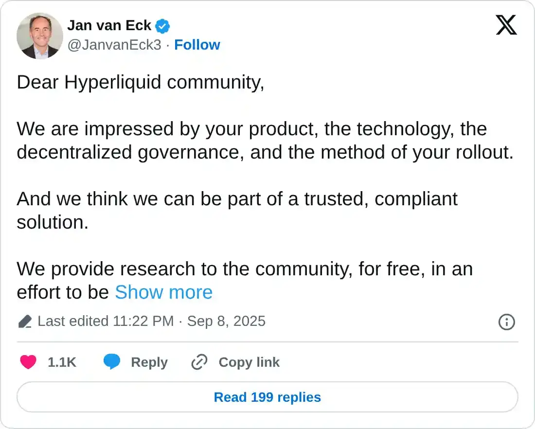 Jan Van Eck encourages Agora to join the competition of Hyperliquid\